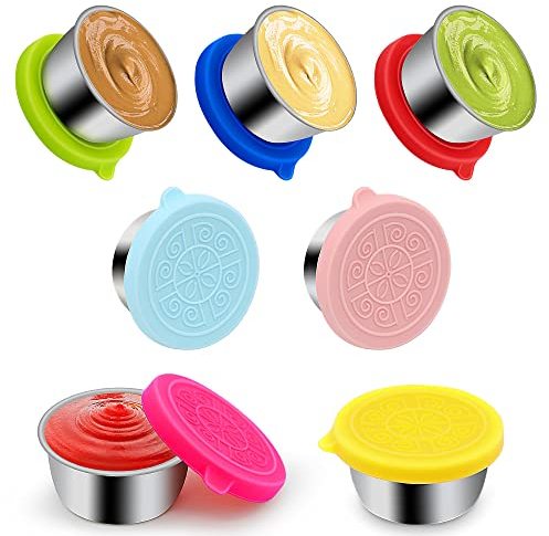 Salatdressing Behälter, 7x50ml Edelstahl Bento Box Zubehör Gewürzbehälter mit Silikon Deckel, Kleine Auslaufsichere Dip Behälter, Wiederverwendbare Mini Saucenbehälter, Snack Box Lebensmittelbehälter