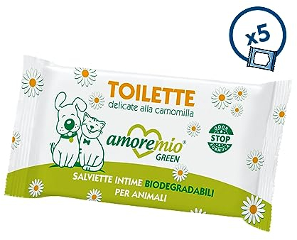 AMORE MIO | 150 Lingettes de Toilette à la Camomille pour Chiens, Chats et Animaux domestiques, apaisantes et Anti-odeurs, lingettes d'intime biodégradables pour Animaux 19 x 30 cm - 5 Paquets de 30