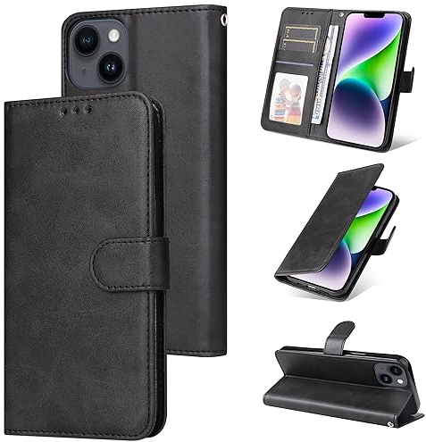 E-Lush Coque pour iPhone 14 Cuir PU, Portefeuille Etui pour iPhone 14 Coque Magnétique Flip Case avec Fonction Support Fente Carte Housse 360 Degrés Antichoc Protection, Noir