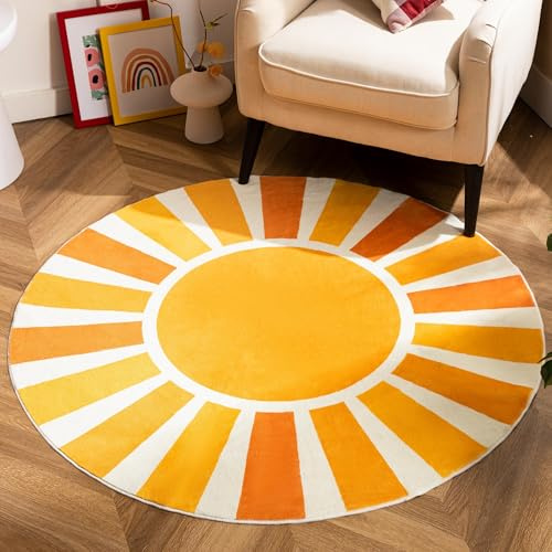UBTKEY Boho Round Rugs - 4Ft Non-Slip Washable Round Area Rug with Rainbow Sun Print, for Bedroom, Living Room, Nursery & Entryway (Light Form