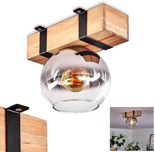 Deckenleuchte Montgomery, Deckenlampe aus Metall/Holz/Glas in Schwarz/Natur/Chromfarben/Klar, skandinavischen Design mit Holzbalken und Schirm aus Glas (Ø 15 cm), 1 x E27, ohne Leuchtmittel