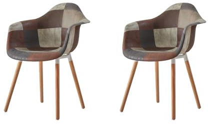 HJhomeheart 2er Esszimmerstühle aus Patchwork-Stoff mit Armlehnen, moderner Design-Sessel, skandinavischer Küchenstuhl aus Buchenholz (A5-Braun)
