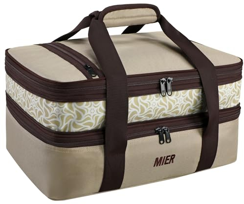 MIER Insulated Double Casserole Carrier Bag Thermal Lunch Tote for Lasagna Lugger, Potluck Parties, Picnic, Beach, Fits 9 x 13 Inches Baking Dish, Casserole Dish, Expandable by Mid Zipper, Khaki