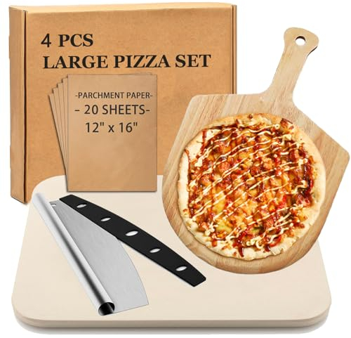 RWUJILONG 4-teiliges großes Pizzastein-Set – rechteckiger Pizzastein für Ofen und Grill, Holz-Pizzaschieber (Eiche), Pizzastahlschneider und 20 Kochpapier, 38,1 cm Backstein für Pizza, Brot und BBQ