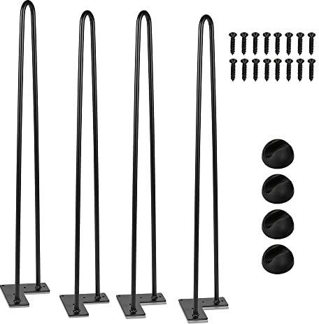 SWANEW Lot de 4 pieds de table en métal noir avec 2 pieds en épingle à cheveux, pour bureau, table et table basse avec protections de sol et vis (61 cm)