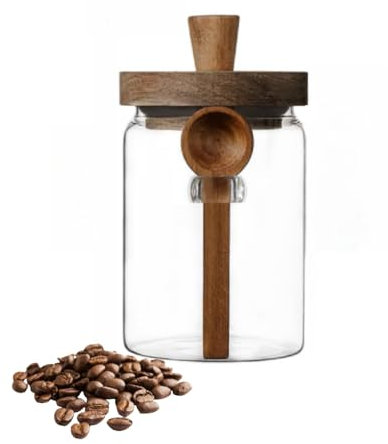 Glass Jar with Wooden Lid & Spoon, 27oz Food Storage Containers Coffee Jar Coffee Grounds Container, Glass Food Storage Canister (1 Pack)