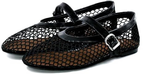 VBDB - Ballet Mesh Flats Shoes for Women | Pointed Toe Comfort Casual Flats Shoes | Fashionable Buckle Strap., Black, 5 UK