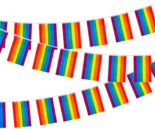 iwiio 26.2ft Pride Bunting Flags, Gay Pride Flag Banner with 25 Pennant Flags, LGBT Colorful Stripes Bunting for Party, Celebration, Home, School, Bars, Restaurants, Garden Decoration