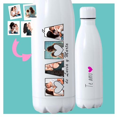 Botella termica personalizada con fotos, Personalizada con Diseño Collage de Letras con Fotos, regalo original para el dia de la madre