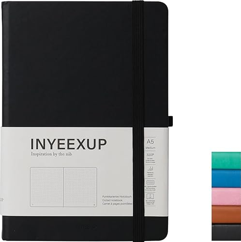 INYEEXUP Notizbuch A5 Dotted, Journal Buch mit 320 Seiten, Notizheft a5 mit Premium 100gsm Tintenfestes Papie Dickes, PU HardCover Notizbücher mit Elastischem Verschlussband und Falttasche(Schwarz)
