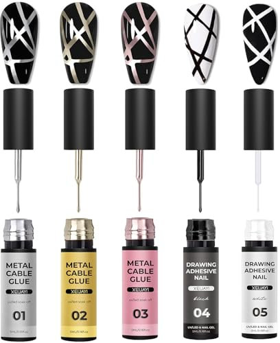 Metallic Nail Art Gel Liner Set, White Black Silver Gold Rose Gold Painted Gel Polish for French Tip, 5 Color UV/LED Soak Off French Manicure Kit