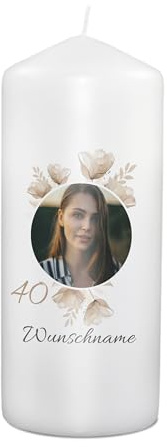 PhotoFancy® - Personalisierte Geburtstagskerze - Fotokerze mit eigenem Foto/Text bedrucken lassen - Kerze mit Geburtstags-Design: Aquarellblumen - 19 cm Höhe