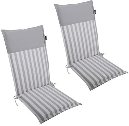 LILENO HOME Gartenstuhl Auflagen als [2er Set - Hochlehner] in Streifen Hellgrau - Uni Hellgrau - Bequeme Liegen als Sitzauflagen für Gartenmöbel - Stuhlkissen für Gartenstühle Malt