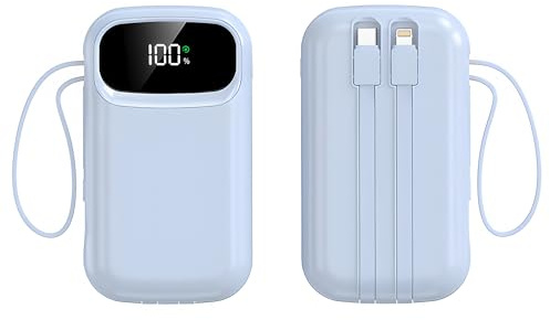 Powerbank 10000mAh Schnelles Aufladen Tragbares Ladegerät mit integrierten Kabeln PD 22,5 W Kleiner USB-C-Akkupack mit 4 Ausgängen 2 Eingängen Backup Akku Kompatibel mit iPhone iPad und Tabl (Blau)