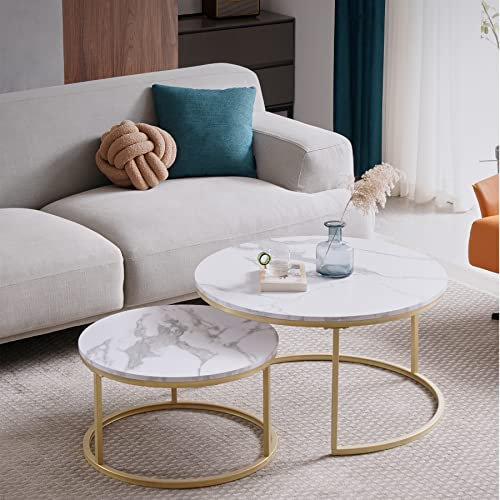 DEYARNA HOME Rund Satztische Couchtisch 2er Set, Moderner Nesting-Tisch mit Stabilem Metallgestell, Geeignet für Wohnzimmer, Balkon, Büro, Groß: 60 * 60 * 45cm; Klein: 40 * 40 * 35cm (Weiß/Gold)