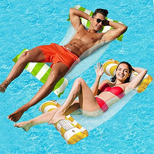 Earnmore Hamaca de Piscina, 2Pcs Hamacas Flotantes para Cama Flotante, 4 en 1 Agua y Playa Piscina Flotante Tumbona de Inflar Colchoneta Hinchable Flotador Piscina para Adultos (Naranja + Verde)