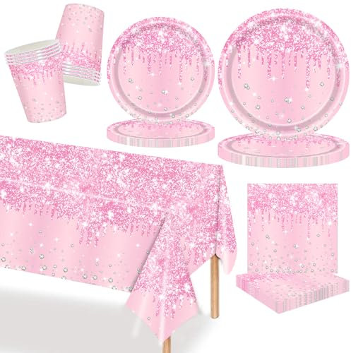 MORAINJAY Set da tavola rosa da 69 pezzi, piatti di carta rosa, bicchieri, tovaglioli, compleanno, matrimonio, Pasqua, baby shower, anniversario, decorazione da tavolo, forniture per feste di vacanza