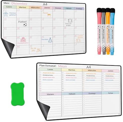 YSANCOR® Calendario Magnético Nevera Planificador Mensual o Semanal + 4 Rotuladores y 1 Borrador de Regalo | Opciones en Tamaños A4 y A3 | Ideal como Organizador Semanal (MENSUAL+SEMANAL A4)