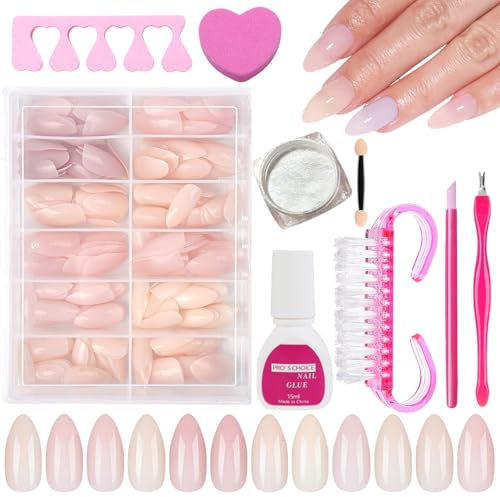 Virellay 288 Stück Press on Nails Almond, Nude Hell Rosa Lila Lang Künstliche Nägel Zum Aufkleben mit Magisches Spiegelpulver, Almond Nail Tips, Mandel Fake Nägel für Frauen DIY