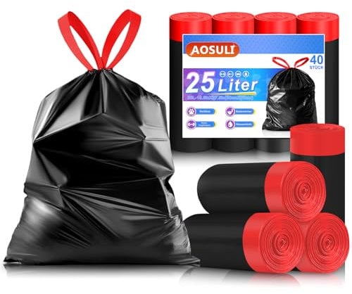 AOSULI Schwarz Müllbeutel 25L mit Zugband Reißfest Mülltüten Küche Müllsäcke,40 Stück Abfallsäcke