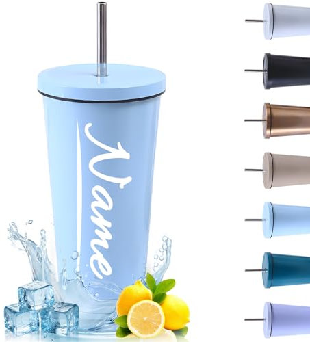 Personalised Travel Mug with Name Stainless Steel Water Tumbler with Metal Straw and Lid Thermal Insulated Coffee Cup Large Mugs for Hot & Cold Drinks, Dishwasher Safe (Blue, 500ml)