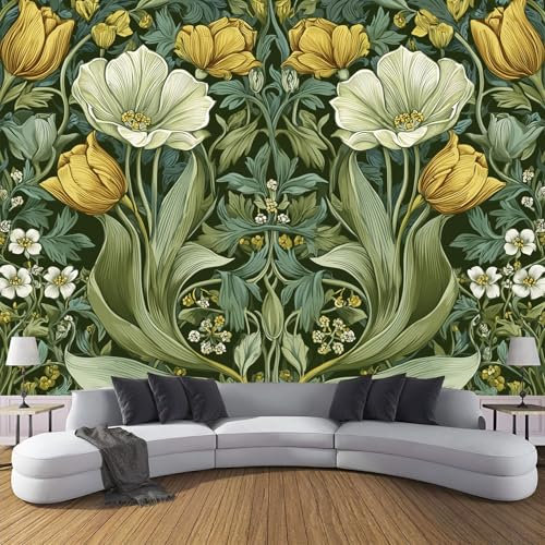 CDXNORA Papier Peint Panoramique Fleurs Délicates 200×140 cm Poster Geant Mural 3D,Tulipe Tapisserie Photo Peinture Murale, Papier Peint en soie Jaune Vert