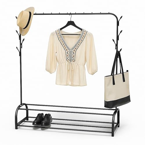 Relaxdays coat rack, 3-in-1, with coat rail, 2 shelves & 8 hooks, HxWxD: 158 x 110 x 40 cm, metal, black