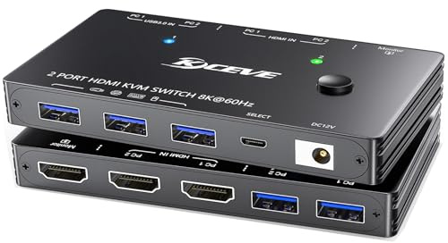Conmutador KVM HDMI para 2 ordenadores, 1 monitor, 8K @ 60Hz/4K @ 120Hz Conmutador KVM para 2 PC, 1 monitor y dispositivos USB 3.0, con cables USB, controlador y adaptador de alimentación (HDMI