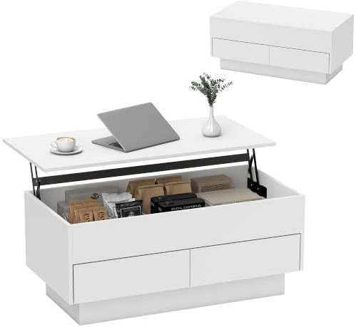 HOMCOM Table Basse Relevable Moderne 2 Tiroirs 100 x 50 x 44 cm Blanc | Compartiment Caché, Table de Salon pour Bureau et Salon