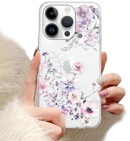 Phoona Transparent Print Phone Case for iPhone 12 Mini 5.4,Aesthetic Design Pattern Clear Cover,Soft Shockproof Protective Bumper Girls Women Cases,for iPhone 12 Mini,Purple Flower