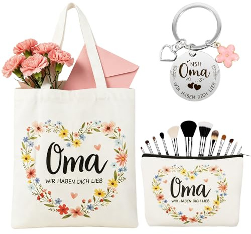 SPOKKI Baumwollbeutel Geschenke für Mama/Oma Geschenk Geburtstag Muttertagsgeschenk Oma Tasche mit Kosmetiktasche Schlüsselanhänger Personalisiert Geburtstagsgeschenk Weihnachten für Mutter Oma