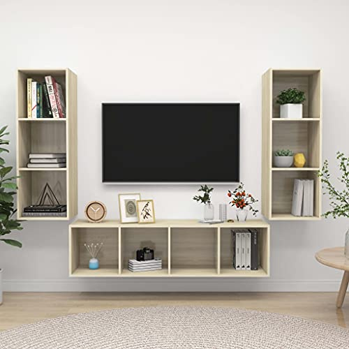 Owoxanthellate 3 Piece Floating TV Cabinet Set Sonoma Oak Engineered Wood, Wall Mount Entertainment Unit 37 x 37 x 107/142 cm, Modern Storage Furniture for Living Room Bedroom