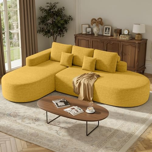 Hawthyhome L Form Ecksofa mit Schlaffunktion 285cm Gelb | Chenille Schlafsofa,Boneless Couch, Wohnlandschaft Schlafcouch,Sofa Bed Sofabett mit Abgerundeter Chaise Longue,3 Sitzer