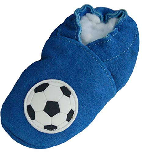 Lappade Fußball blau Jungen Fußballpuschen Lederpuschen Hausschuhe Krabbelschuhe Baby Lauflernschuhe mit Ledersohle (Art. 140 Gr. 21/22 EU)