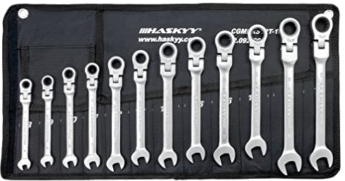 HASKYY 12tlg Gelenk-Ratschenschlüssel Satz 8-19 mm 180 Grad Gelenk Ratschen Gabelschlüssel Ringmaul Schlüssel Set