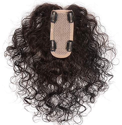 Lockige Perücke für Frauen, natürlicher Haaransatz, Seidenbasis, Clip-in-Echthaar-Topper, für dünnes Haar, 30 cm, Dunkelbraun