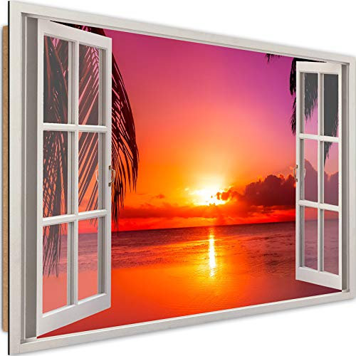 Wandbild XXL Fensterblick Deko Kunst Bilder Sonnenuntergang Natur Rot 120x80 cm