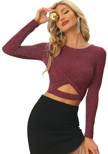 Allegra K Women's Glitter Tops Twist Long Sleeve Cut Out Front Slim Fitted Crop Top Burgundy 12
