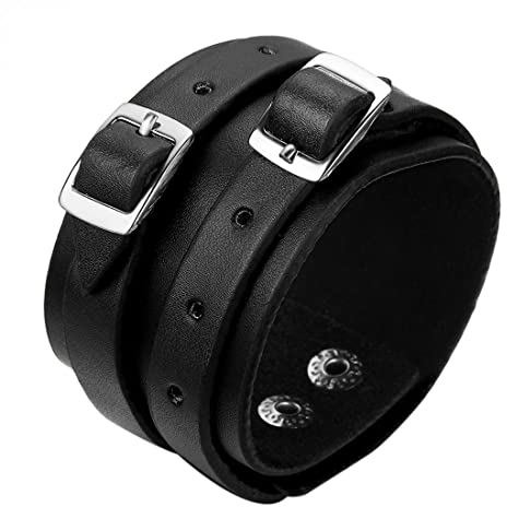JewelryWe Schmuck Herren Armband, Breit Leder Armreif, Echtleder, Schwarz