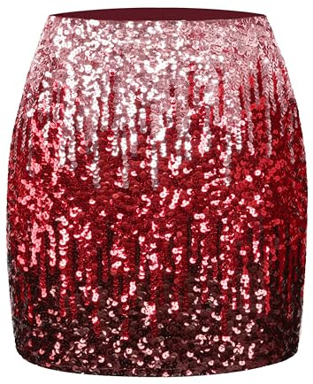 MANER Gonna da Donna con Paillettes luccicante Elastica Aderente minigonne Notte Fuori Festa, Rosa Canyon/Borgogna/Rosso Rubino, S