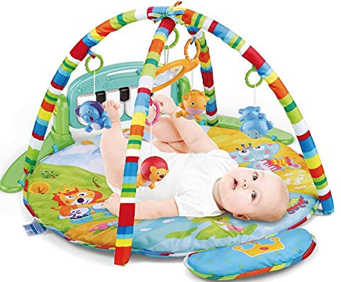 Meero London HE0610 Newborn Blue Round Play mat Gym with Large Keyboard 4 in 1 Kick & Play Activity Centre, Fun Animals, Music, Sound, Textures, Rattle, Discovery Carpet for Infants Toddlers, 0-36M