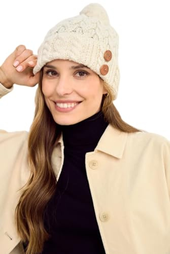Aran Woollen Mills Decorative Button Multi Cable Bobble Hat