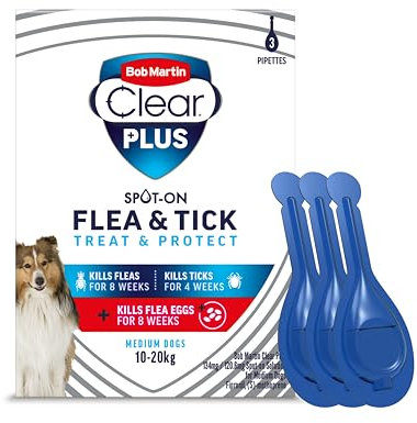 Bob Martin Clear Plus Spot On Flea Treatment for Medium Dogs (10-20kg) - Kills Fleas, Ticks, Lice and Flea Eggs (3 Pipettes)