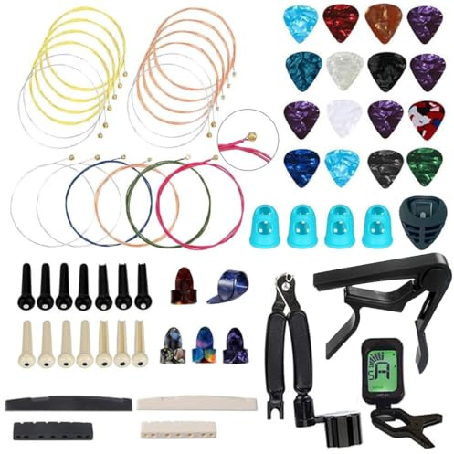 NERECNDENS 66PCS Guitar Accessories Kit, Acoustic Changing Tool, Including Guitar Acoustic Strings, Picks, Capo, String Winder&Cutter, Tuner, Bones, for Players and Beginners