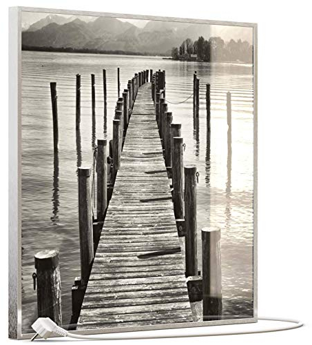 STEINFELD Heizsysteme® Glas Bild Infrarotheizung mit TS11 WiFi Thermostat | Made in Germany | Motive 017 Steg Schwarz Weiß (350 Watt, silber/Alu)