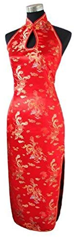 DERFX Vintage Sexy Backless robe traditionnelle chinoise longue Halter cheongsam qipao nouveauté Dripping Costume (Color : Red, Size : S)
