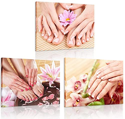RuiChuangKeJi Leinwand Kunstwerk 3 Stück 50x70cm kein Rahmen Maniküre Hände Fuß Bad Massage Spa Stillleben mit Blumen Bilder Nägel Beauty Salon Poster Gedruckte Giclée-Druck