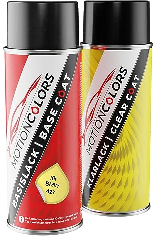 MOTIONCOLORS Neongelb/Neon Yellow 427 für BMW Autolack Sprühdosen Set Basislack Klarlack Spraydose 400ml