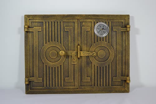 Euro Sezam - Doppeltürige Ofentür aus Gusseisen - Massive dicke Ofentür - Pizzaofentür mit 500c Thermometer - DZ012 - Doppeltür mit Türschloss - Türen für Pizzaöfen, Gartenküchen 43.70x3x33cm