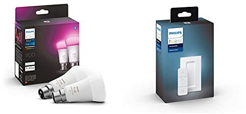 Philips Hue White & Colour Ambiance Smart Light Bulb Twin Pack LED [B22] with Bluetooth - 1100 Lumen + Hue Dimmer Switch. Works with Alexa, Google Nest, Apple Homekit.
